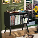 UODERS Record Player Table, Mid-Century Record Player Stand with Vinyl Storage Hold Up to 150+ Albums, Vinyl Record Cabinet with Adjustable Shelves, Wood Turntable Stand for Music Living Room (Black) UODERS