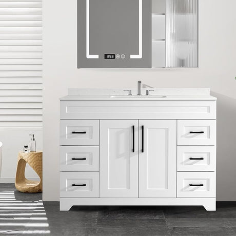 SSFEG 48” Bathroom Vanity with White Engineered Marble Stone Rectangular Sink, Modern Bathroom Cabinet with 2 Soft Closing Doors and 6 Drawers(Without Pop Up Drain、Faucet&Mirror) SSFEG