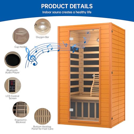 RESTISLAND Infrared Sauna Room for Home, Near Zero EMF Indoor Home Sauna for up to 2 Person with Infrared Red Light Therapy, Bluetooth Speakers, Canadian Hemlock Wood RESTISLAND
