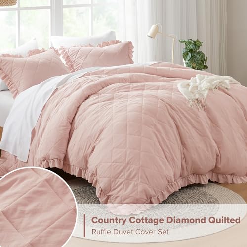 Comfort Spaces Blush Twin Duvet Cover Set - 2 Pieces Ruffle Diamond Quilted Duvet Cover, All Season Lightweight, Cotton-Like Softness Pre-Washed Microfiber Twin Bedding Cover & Sham, Twin Comfort Spaces