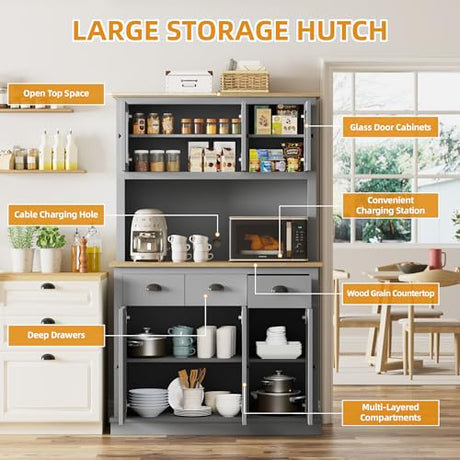 Buytime 71" Kitchen Hutch with Charging Station, Tall Pantry Storage Cabinet with Microwave Stand, Adjustable Shelves, Slide Drawers, Large Buffet Pantry Cabinet for Kitchen, Dining Room, Grey Buytime