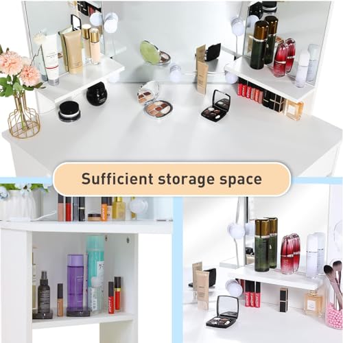 Likein Corner Makeup Vanity Desk with Mirror and Lights, Bedroom Vanity Table with Lighted Mirror 5 Drawers and Storage Shelf for Women Girls White Likein