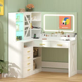 L-Shaped Corner Vanity Desk with LED Lighted Mirror & Charging Station, White Makeup Vanity with 6 Drawers & Sliding RGB Cabinet, Large Farmhouse Dressing Table with Open Storage Shelves for Women CSZZD