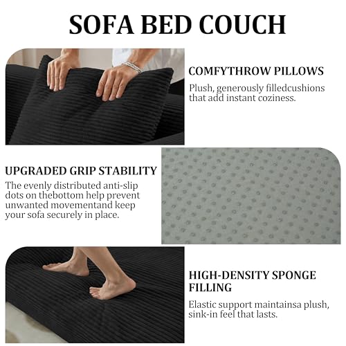 HouseMila 53.15" Boneless Couch,4-in-1 Futon Sofa Bed Modular Loveseat Sleeper Folding Compressed Couch with Pillows,No Assembly Required Convertible Sofa Bed for Living Room Bedroom Guest Room,Black HouseMila
