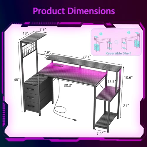 Korfile 48 Inch Gaming Desk with LED Lights & Power Outlets,Computer Desk with Fabric Drawers & Side Hook,Reversible Gamer Table with Monitor Stand for Game Room,Home Office,Carbon Fiber Black Korfile