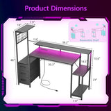 Korfile 48 Inch Gaming Desk with LED Lights & Power Outlets,Computer Desk with Fabric Drawers & Side Hook,Reversible Gamer Table with Monitor Stand for Game Room,Home Office,Carbon Fiber Black Korfile