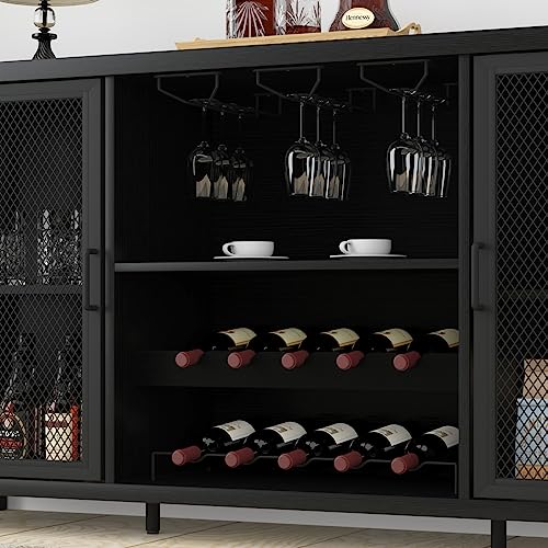 Launica Black Wine Bar Cabinet, Coffee Bar Cabinet with Storage, Farmhouse Kitchen Buffet Cabinet with Rack for Liquor and Coffee, Industrial Wine Cabinet for Home Living Dining Room, Black Oak, 55 In Launica