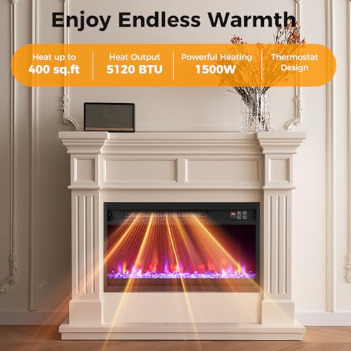 COSTWAY 23 Inch Recessed Fireplace Heater, Electric Fireplace Insert w/Multi-Color Flame & Crystal Ember Bed, Remote Control, 9H Timer, Built-in Thermostat & Overheat Protection, 1500W COSTWAY
