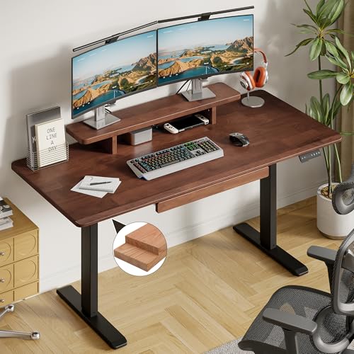 ONBRILL Standing Desk with Drawer, 47x23.6 Inches Solid Wood Desktop Stand Up Desk with Whole-Piece Board and Storage Shelf, Adjustable Height from 28-46 Inches for Home & Office, Black Walnut ONBRILL