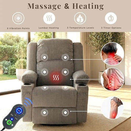 IKAKOS 360 Degree Swivel Rocker Recliner Chair with Heat and Massage, Soft Corduroy Manual Reclining Nursery Glider with USB Port, 2 Cup Holders & 4 Storage Pockets, 400lbs Capacity (Grey) IKAKOS