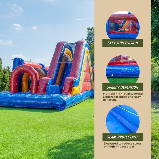 XJUMP Commercial Grade 13' Retro U Run Lightweight Inflatable Premium Marble Color Bounce House Obstacle with Climbing Wall Tall Slide Tunnel Entrance for Kids and Adults Outdoor Toys with Blower XJUMP