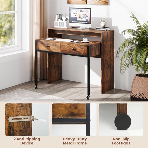 Giantex Small Computer Desk with Hutch & Drawers, Extendable Writing Desk w/Pull Out Secondary Table, Monitor Stand & Rolling Wheels, Console Table, Compact Desk for Small Spaces (Rustic Brown) Giantex