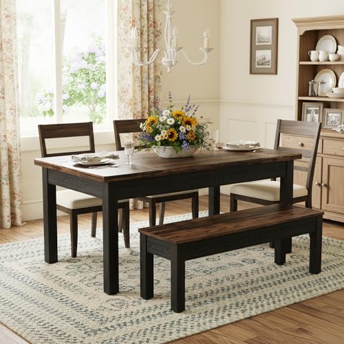 Tribesigns 55-Inch Kitchen Table Set for 4-6 People, Farmhouse Space Saving Dining Table with 2 Benches, 3 Pieces Wooden Dinette Set for Small Space, Breakfast Nook, Restaurant (Black and Brown) Tribesigns