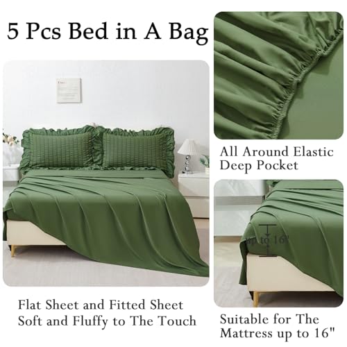 ZSYAYAHA Olive Green Bedding Set King Ruffle Comforter Set with Sheets 5 Pieces Seersucker Bed in A Bag for Women Men Soft Microfiber Bedding Sets with Ruffled Layers(Olive Green, King) ZSYAYAHA
