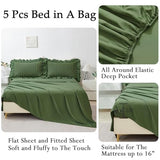 ZSYAYAHA Olive Green Bedding Set King Ruffle Comforter Set with Sheets 5 Pieces Seersucker Bed in A Bag for Women Men Soft Microfiber Bedding Sets with Ruffled Layers(Olive Green, King) ZSYAYAHA