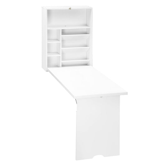 HOMCOM Wall Mounted Fold Out Convertible Desk, Multi-Function Floating Desk with Storage Shelf for Home Office, White - WoodArtSupply