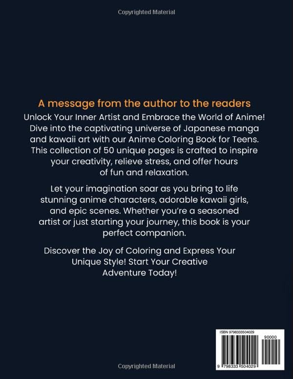 Anime Coloring Book for Teens: 50 Unique Pages of Japanese Manga Art, Kawaii Girls, and Epic Scenes | Perfect for Stress Relief, Boosting Creativity, and Providing Hours of Fun and Relaxation WoodArtSupply