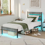 PUNICE Twin Size Bed Frame with Charging Station, LED Light Metal Bed Frame with Wooden Headboard, No Box Spring Required, No Noise, Easy Assembly, Light Grey PUNICE