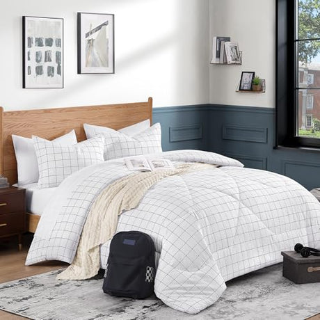 Andency White Grid Comforter Set Twin Size (66x90 Inch), 2 Pieces(1 Grid Comforter and 1 Pillowcase), Summer Lightweight Microfiber Down Alternative White Comforter with Black Lines for Kids Girls Andency