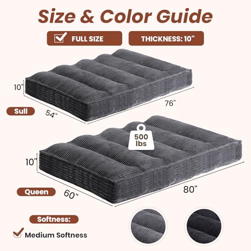 feliz home 10" Futon Mattress Queen Size,Futons Sofa Couch Bed with Straps, Thick Corduroy Floor Mattress for Adults, Roll Up Folding Mattress Shredded Foam Filling, Medium Firm (Gray, Full) feliz home