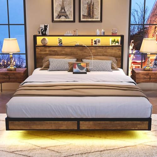 BedsPick Full Size Bed Frame with 2-Tier Storage Headboard, Sturdy Metal Platform Bed Frame with Charging Station & LED Lights, Noise-Free/Metal Support/No Box Spring Needed, Rustic Brown BedsPick