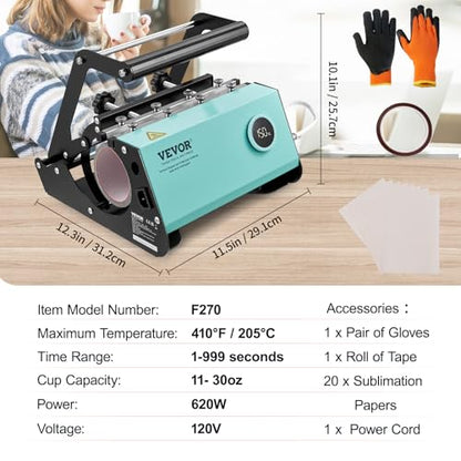 VEVOR Tumbler Heat Press Machine, Tumbler Press for 30OZ 20OZ Sublimation Straight Skinny Tumblers, with Knob Control Temp&Timer Setting for 11-16oz Mugs, Mug Press with Paper Heat Tape Gloves-Green