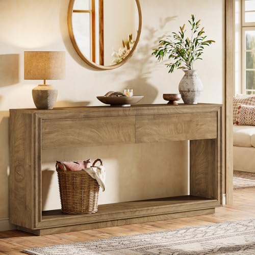 Tribesigns 63" Console Table with 2 Drawers, Farmhouse Entryway Table with Open Storage Shelf, Wooden Sofa Console Behind the Couch for Living Room, Hallway, Foyer, Brown Tribesigns
