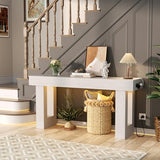 Unikito 63'' Farmhouse Console Table with Power Outlets and Sensor Light, Wooden Entryway Table with Storage, Rectangular Sofa Tables Behind The Couch for Entrance, Hallway, Living Room, Antique White Unikito