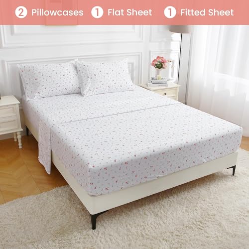 Softan Pink Floral Full Sheet Set Flower Printed Bed Sheets Double - 4 Piece Microfiber Patterned Fitted Bed Sheets with 15" Deep Pocket & Straps, Cozy Cute Pink Sheets and Pillowcase Set Softan