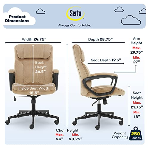 Serta® Hannah Executive Home Office Desk Chair, Ergonomic Mid-Back with Lumbar Support, Firm Seat Cushion, Layered Body Pillows, Padded Armrests, Swivel Base, Easy Assembly, Microfiber, Beige Serta