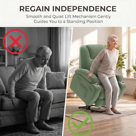 Flamaker Power Lift Chair Massage Recliner Chairs for Elderly, Corduroy Ergonomic Design with Cup Holders & Side Pockets, Remote Control (Green) Flamaker