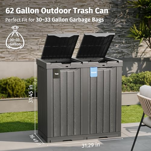 EAST OAK 62 Gallon Outdoor Trash Can | Waterproof Resin Garbage Can with Recycle and Garbage Labels | Secure Bag Lip Lock and Drip Tray | Outside Trash Bin for Patio | Kitchen, Backyard or Deck | Gray EAST OAK