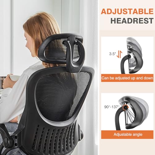 Sweetcrispy Office Computer Desk Chair, Ergonomic High-Back Mesh Rolling Work Chairs with Wheels and Adjustable Headrests, Comfortable Lumbar Support, Comfy Flip-up Arms for Home, Bedroom, Study,Black Sweetcrispy