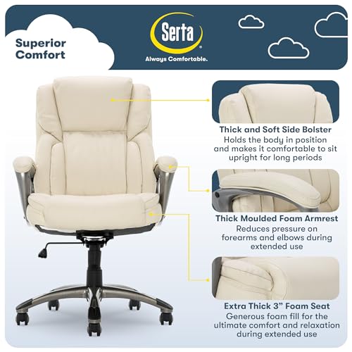 Serta Garret Executive Office Chair, Ergonomic Mid-Back with Lumbar Support, Semi-Plush Cushion and Body Pillows, Padded Armrests, Swivel Base, Bonded Leather, Ivory White Serta