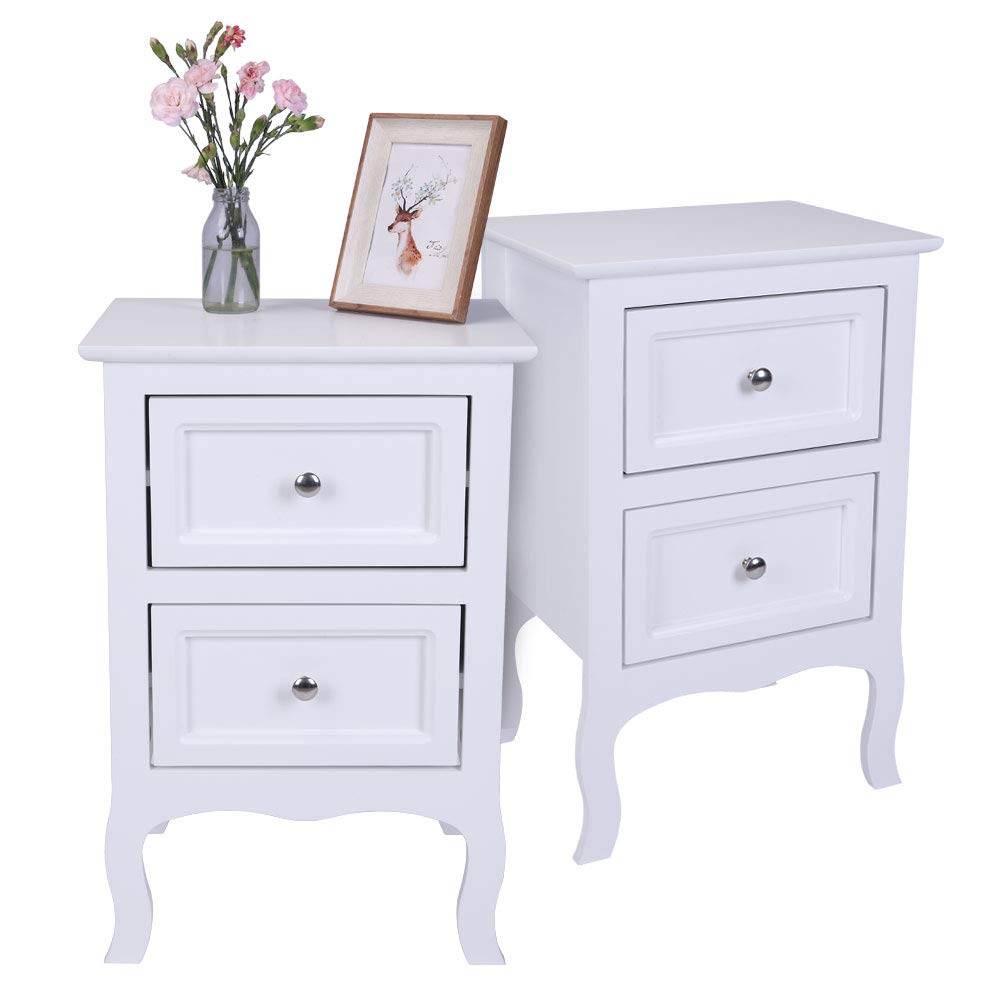 Karl home White Nightstand Set of 2. Farmhouse End Side Table Set of 2 Bedside Nightstands Chest with Drawers Small Night Stand with 2 Drawer and Solid Wood Legs for Bedroom, Living Room Karl home