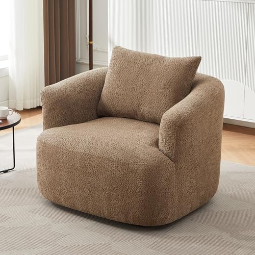 360° Oversized Swivel Nursery Armchair Ergonomic Upholstered Accent Barrel Chair W/Wider Armrests and Big Pillow, Comfy Chenille Boucle Cloud Leisure Sofa Chair for Home Apartment Living Room Bedroom FANYE