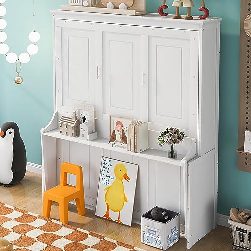 Brisca Queen Size Murphy Bed with a Shelf & Wood Slats,Bed Frame W/Modern and Simple Design,No Spring Box Needed,for Apartment,Bedroom,Guest Room,White Brisca