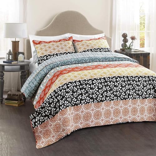 Lush Decor Bohemian Stripe Reversible Cotton Quilt Set, 3 Piece Set, King, Turquoise & Orange - Striped Bedding Set - Blue Quilt King Size - Boho Decor Lush Decor