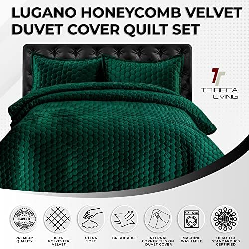 Tribeca Living Lugano Oversized Velvet Quilt Set - All Season, Extra Large, 3 Piece Queen Size Comforter Set with 2 Pillow Shams in Emerald Green Honeycomb Pattern 260GSM Tribeca Living