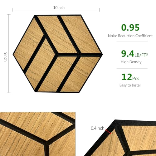 12 Pack Hexagon Acoustic Wood Wall Panels, Sound Proof Foam Panels, High-Density Wood Veneer Tiles for Interior Wall Decor, Recording Studio&Office, 10x9x0.4 Inch AkuDecor