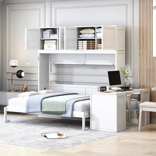 Ball & Cast Murphy Bed Queen Size,Hideaway Beds with Desk and Storage Shelves,Multifunction Wood Wall Cabinets Bedframe W/Big Cabinets &Hardware Chain,Slat Support,Space-Saving for Apartment,White Ball & Cast