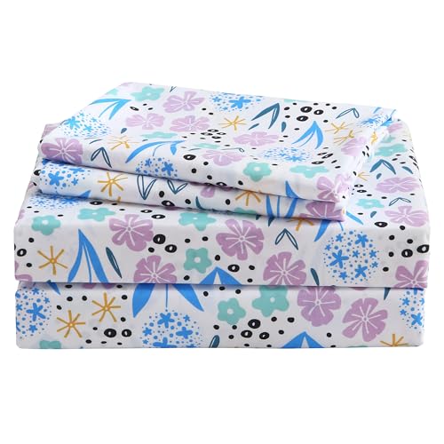 Viviland 3 Pieces Girls Purple Floral Twin Sheet Set - Soft Microfiber Fitted Flat Sheets & Pillowcase - Purple Colorful Flower Print Bedding Sets - for Kids & Toddlers Viviland