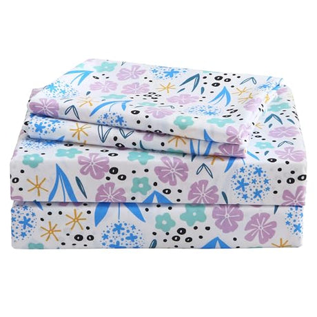 Viviland 3 Pieces Girls Purple Floral Twin Sheet Set - Soft Microfiber Fitted Flat Sheets & Pillowcase - Purple Colorful Flower Print Bedding Sets - for Kids & Toddlers Viviland