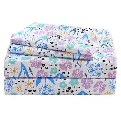 Viviland 3 Pieces Girls Purple Floral Twin Sheet Set - Soft Microfiber Fitted Flat Sheets & Pillowcase - Purple Colorful Flower Print Bedding Sets - for Kids & Toddlers