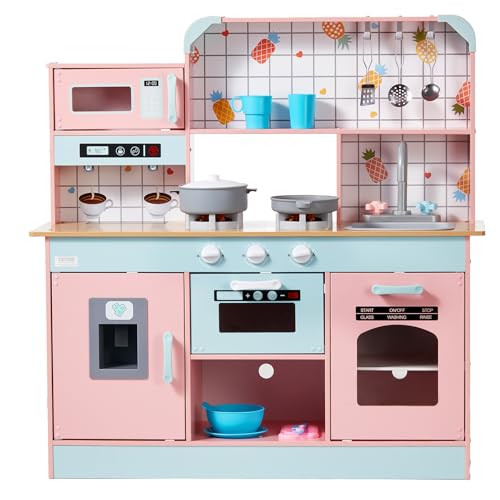 VEVOR Wooden Play Kitchen Toy, Play Kitchen for Kids with Lights and Sounds, Toddler Kitchen with Ice Maker, Oven, Sink, Microwaves, Fridge and Utensil and Fruit Accessory for Toddlers Ages 3-8, Pink