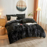 Besfunny Fluffy Faux Fur Black Comforter Cover Queen Set – Plush Fluffy Black Bedding 3-Piece Set (1 Duvet Cover + 2 Furry Pillow Shams) Cozy Bed Set Besfunny