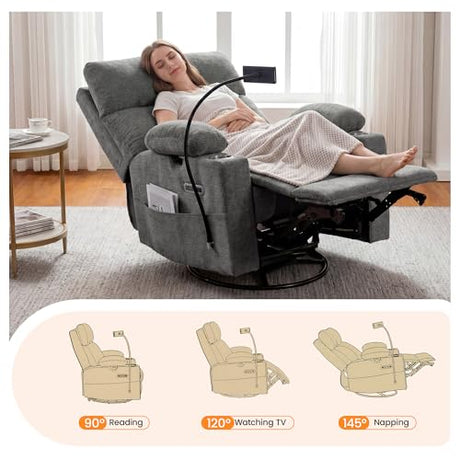 FiveWillowise Power Rocking Chair Nursery with Adjustable Armrests&Headrest, Glider Recliner Chair, Swivel Reading Chair with Electric Lumbar Support, Cup Holder, Nightlight and USB Ports, Grey FiveWillowise
