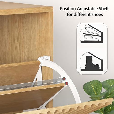 Takywep Fluted Shoe Cabinet Storage for Entryway with 2 Flip Drawers & Bottom Open Shelf, Narrow Shoe Rack Cabinet with Side Hooks, Freestanding Slim Shoe Organizer Cabinet for Foyer, Hallway, Oak Takywep
