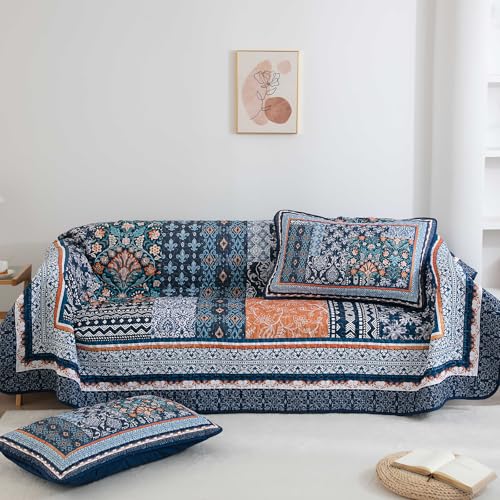 WONGS BEDDING Navy Blue Quilt Set Queen Size,Bohemian Patchwork Bedspread Coverlet Set, Reversible Farmhouse Floral Pattern Bedspreads Bedding Set for All Seasons (96"x90") WONGS BEDDING
