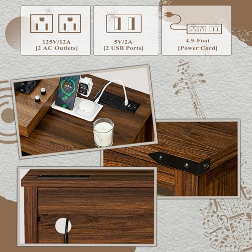 Joaxswe Large Record Player Stand with Charging Station & LED Lights, Brown Vinyl Record Storage Holder Holds up to 230 Albums, Turntable Stand with Display Shelf for Music Room Bedroom Living Room. Joaxswe